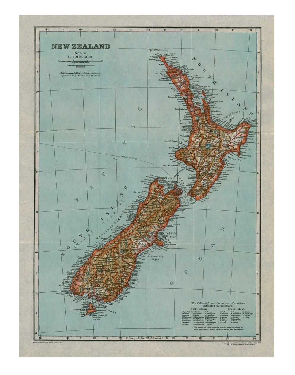Kort over New Zealand, c1910 af Gull Engraving Company