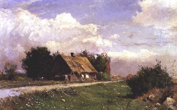 Et skovklædt landskab med figurer ved et sommerhus af Gustaf Fredrik Rydberg