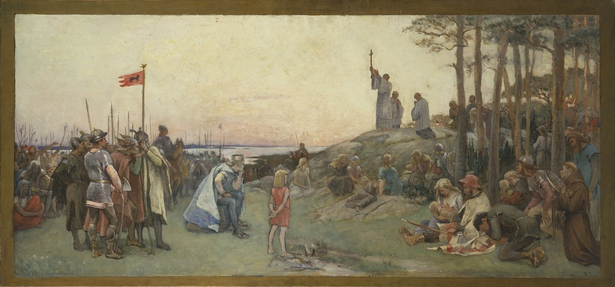 Saint Anchaire (Anchaire de Breme, Oscar ou Ansgar, 801-865) præchant le christianisme - Ansgar Preaching Christianity, af Cederstroem, Gustaf (1845-1933). Olie på lærred af Gustaf Olaf Cederstrom