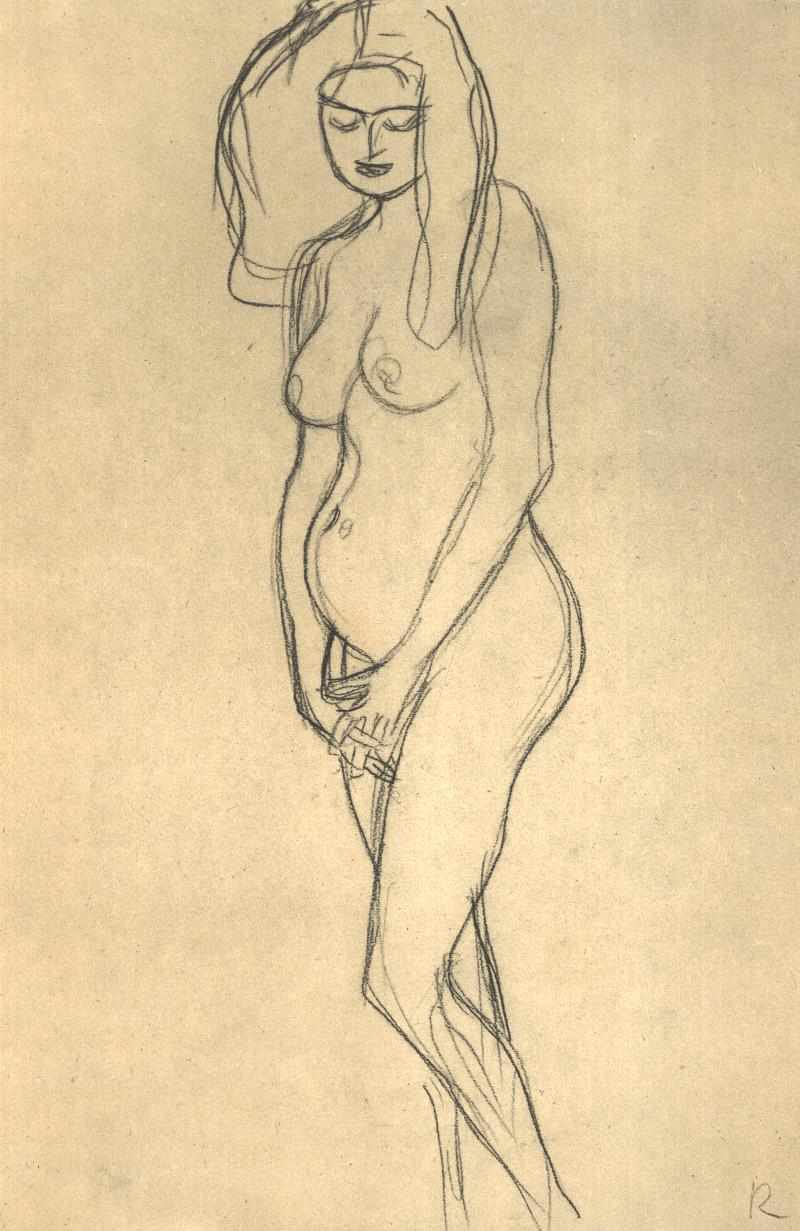 Nøgen af ​​en gravid kvinde til venstre af Gustav Klimt