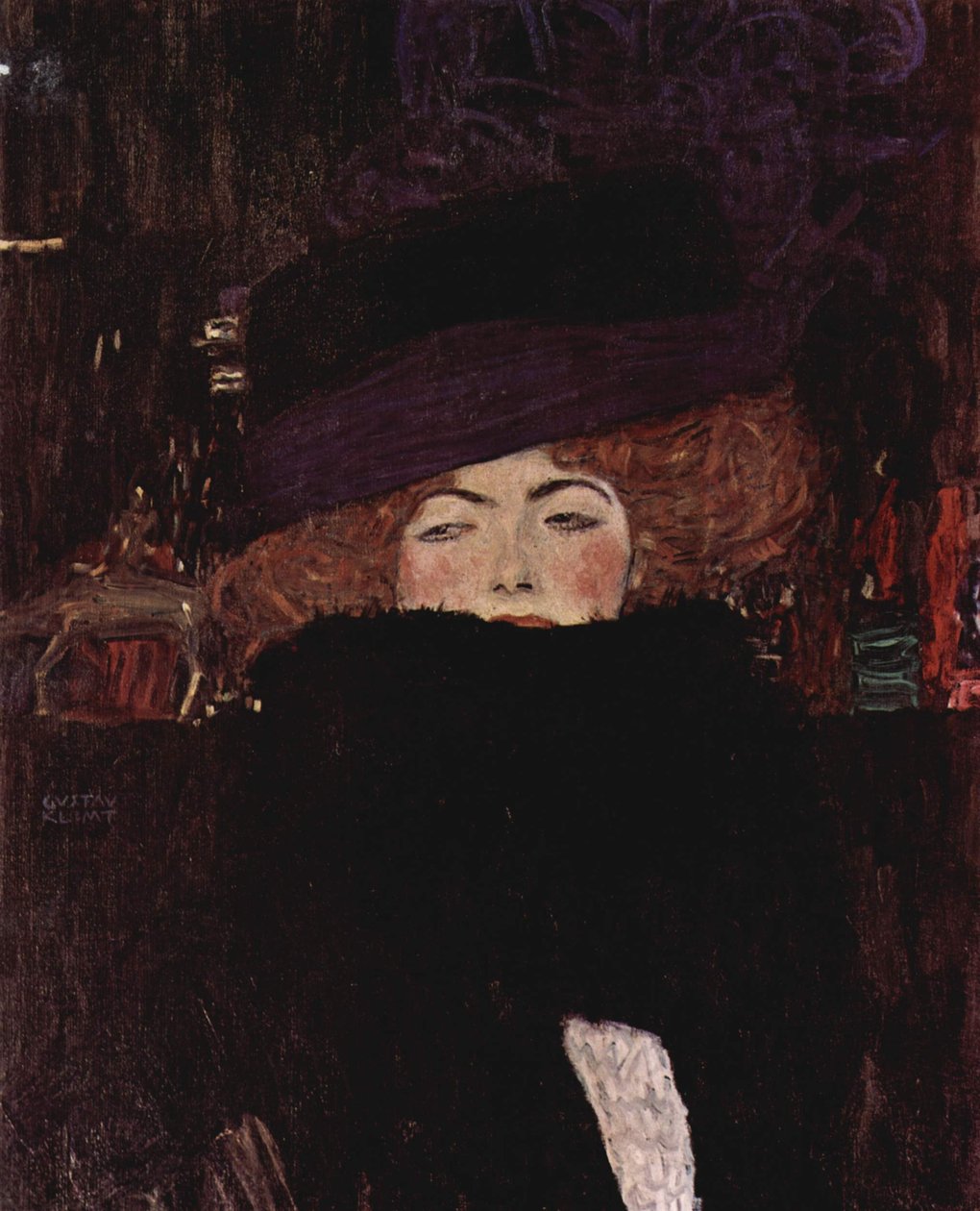 Dame med hat og fjerboa af Gustav Klimt