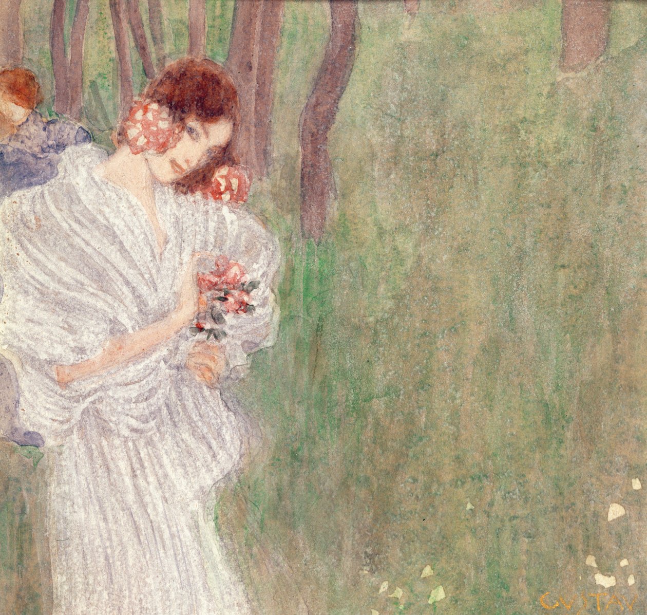Pige i en hvid kjole, der står i en skov af Gustav Klimt