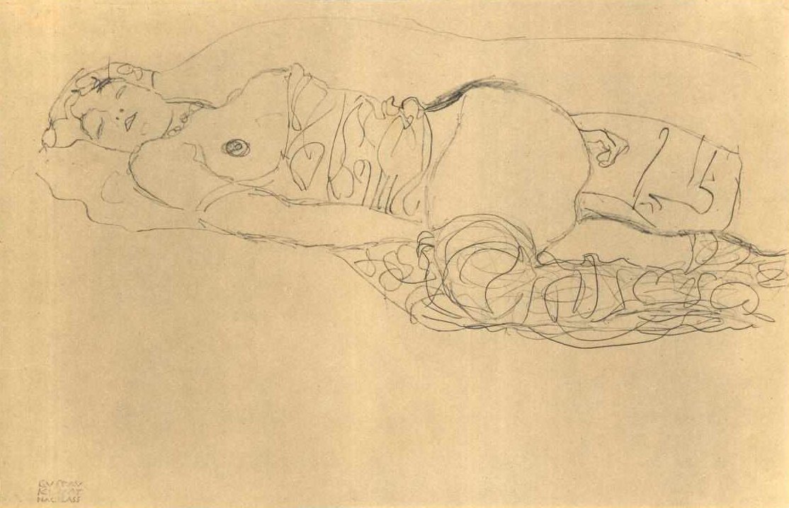 Ligger halv tid til venstre med benene trukket op af Gustav Klimt