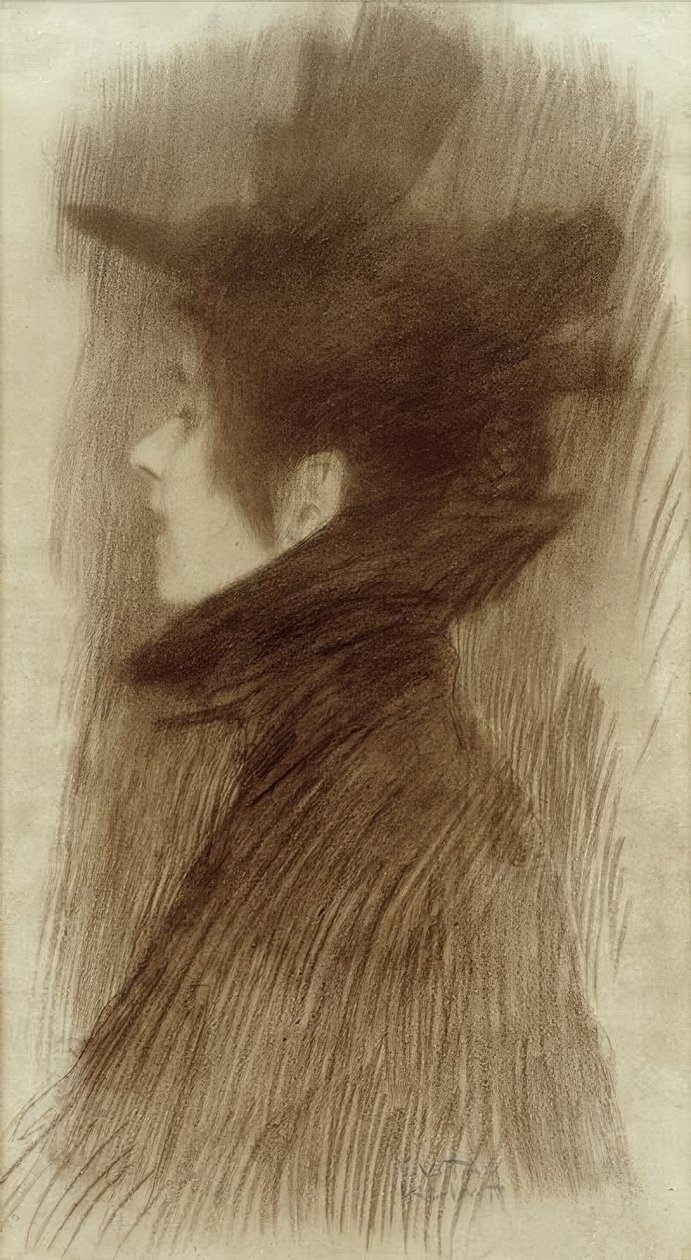 Pige med hat og kappe i profil af Gustav Klimt