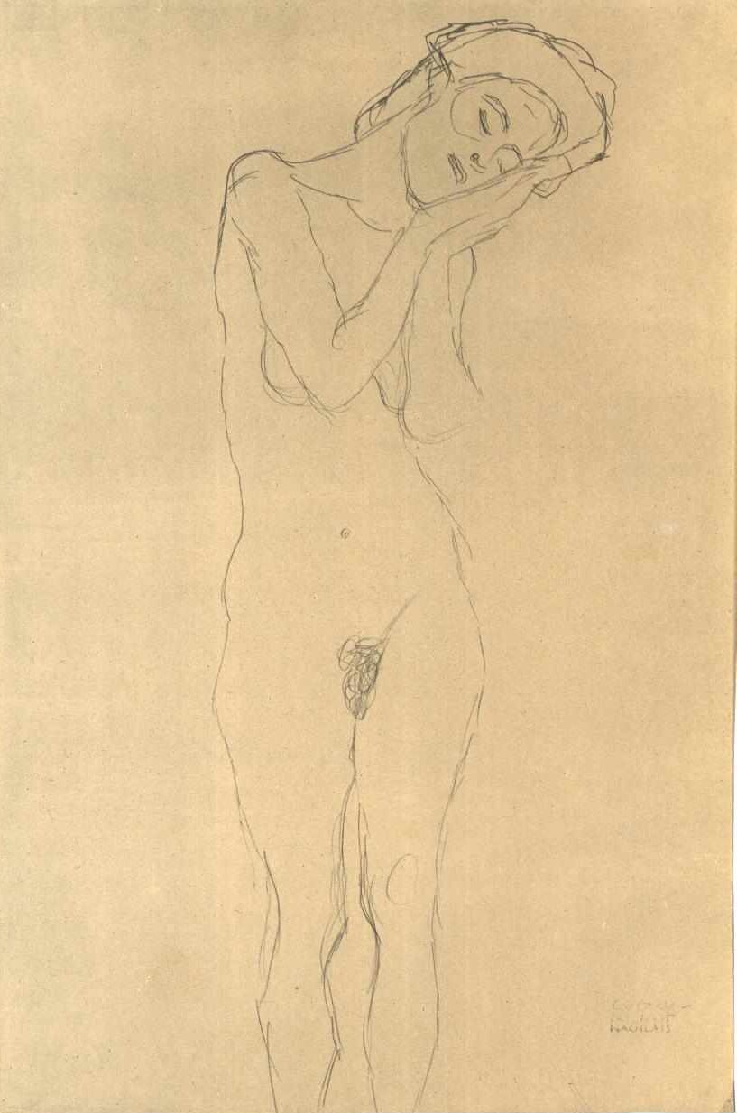 En nøgen pige forfra med en hånd på kinden af Gustav Klimt