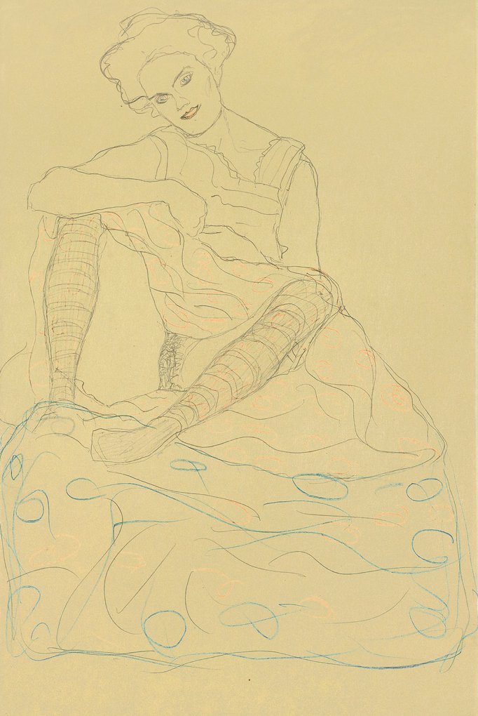 Halv nøgen sidder med benene fra hinanden af Gustav Klimt