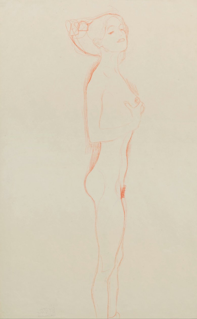 Nøgen pige, der står med højre hånd til brystet af Gustav Klimt
