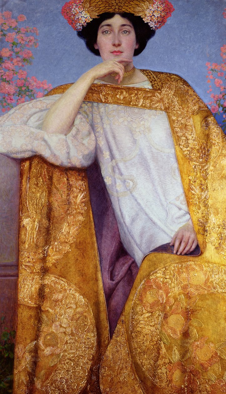 Portræt af en kvinde i en gylden kjole, malet i samarbejde med Ernst Klimt (1864-92) Franz Matsch (1861-1942) og hans atelier, 1886-87 af Gustav Klimt