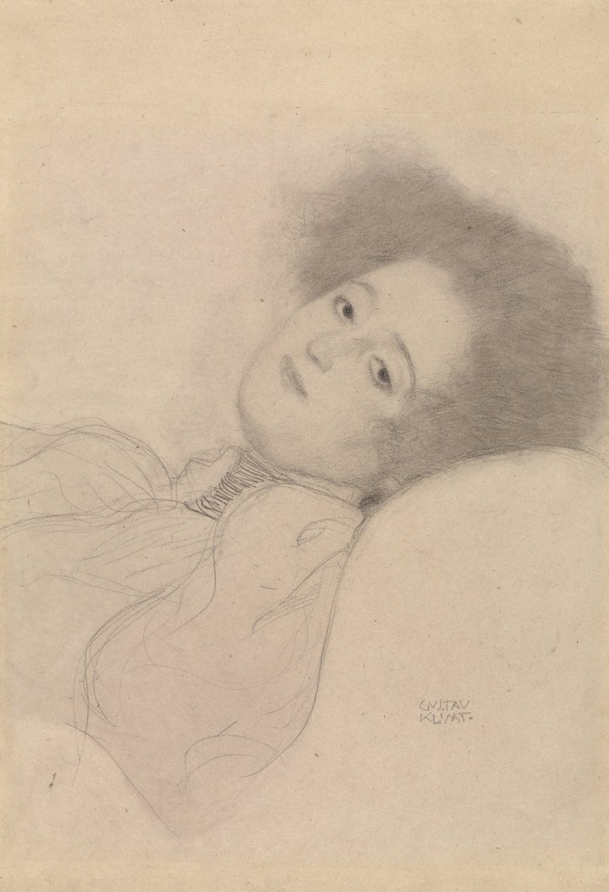 Portræt af en ung kvinde liggende af Gustav Klimt