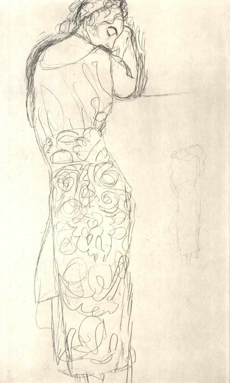 Set bagfra af en stående kvinde i en mønstret nederdel af Gustav Klimt