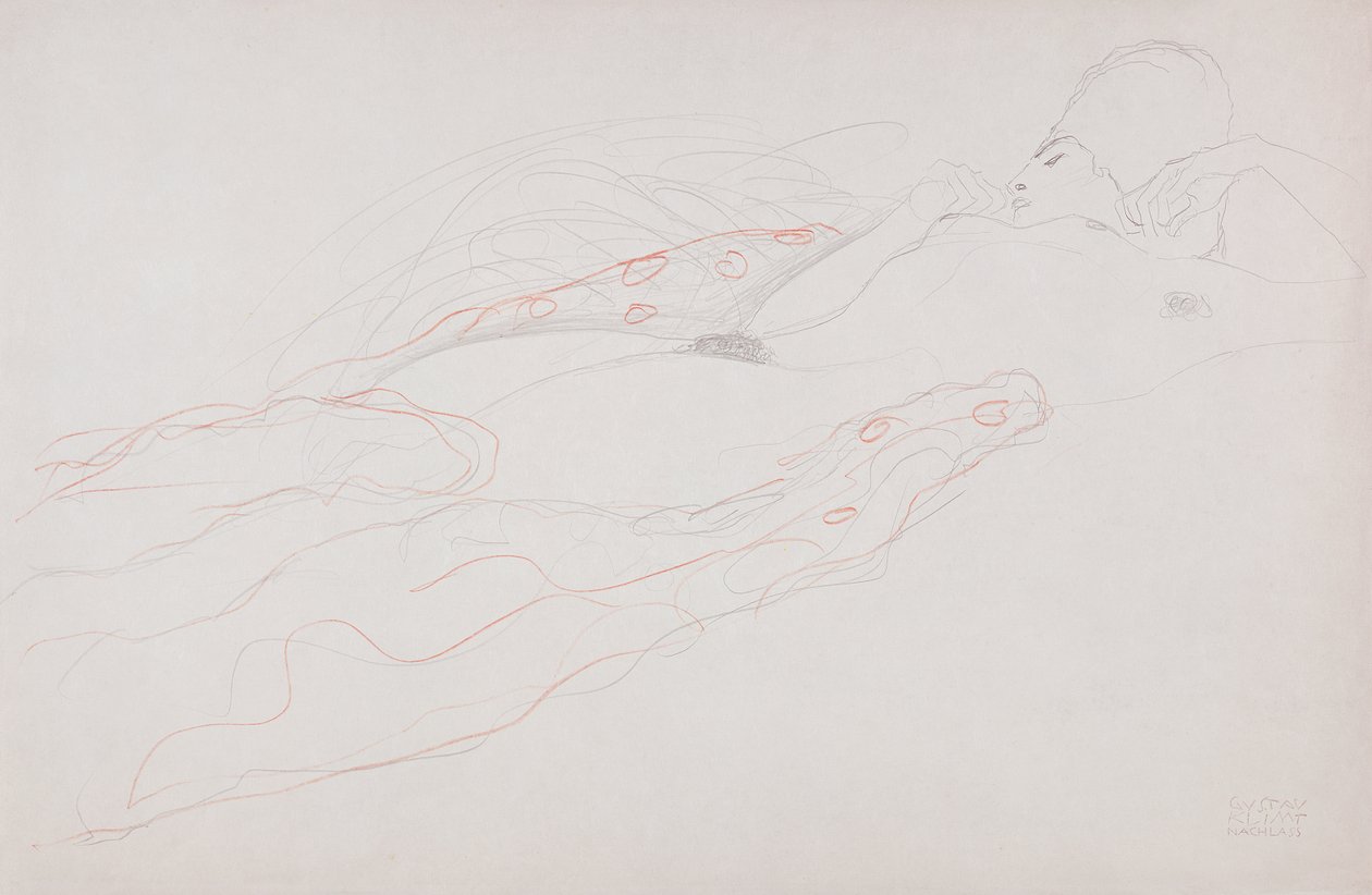 Liggende nøgen (blyant og farvet kridt på papir) af Gustav Klimt