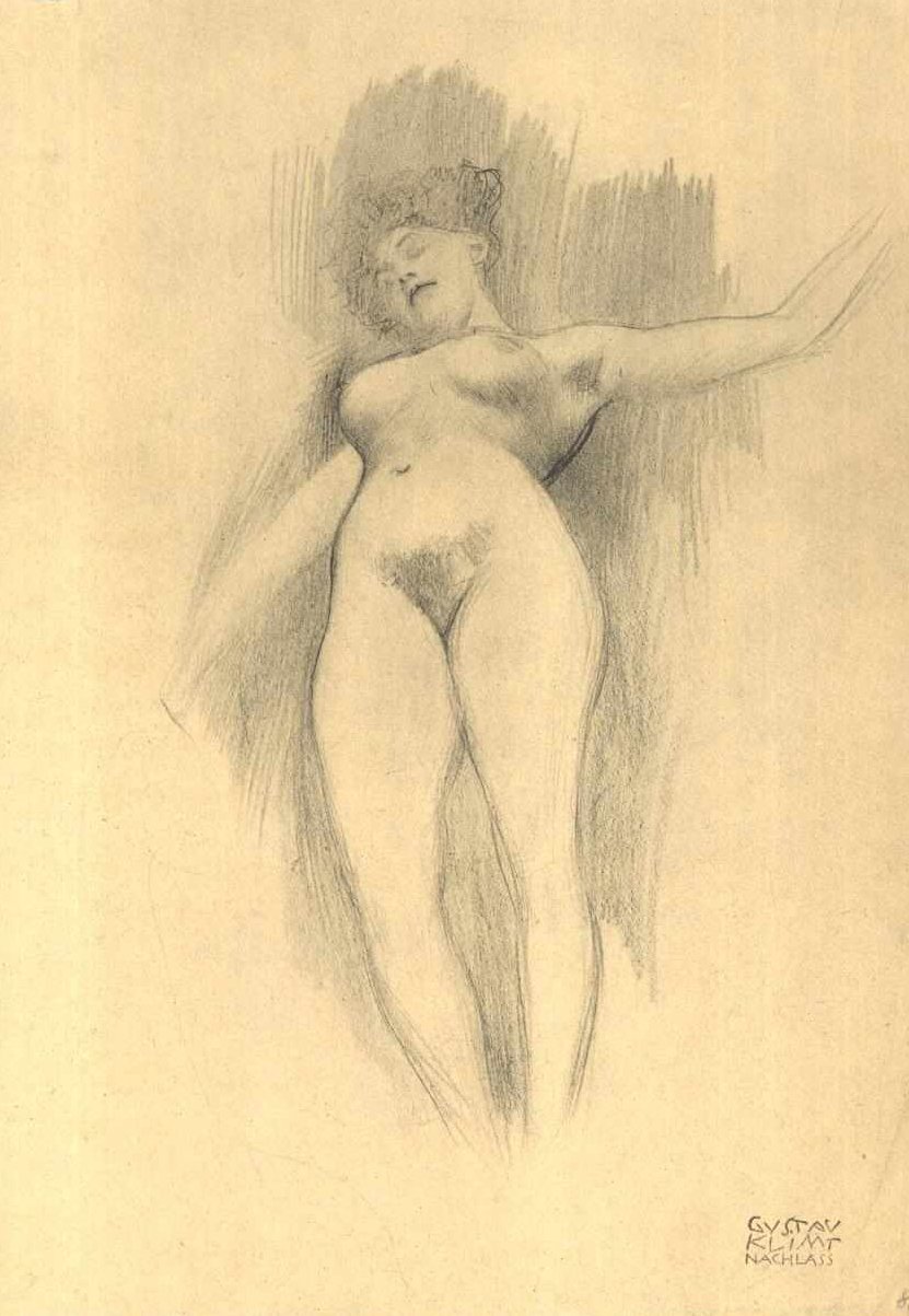 Flydende nøgen mod en mørk baggrund af Gustav Klimt