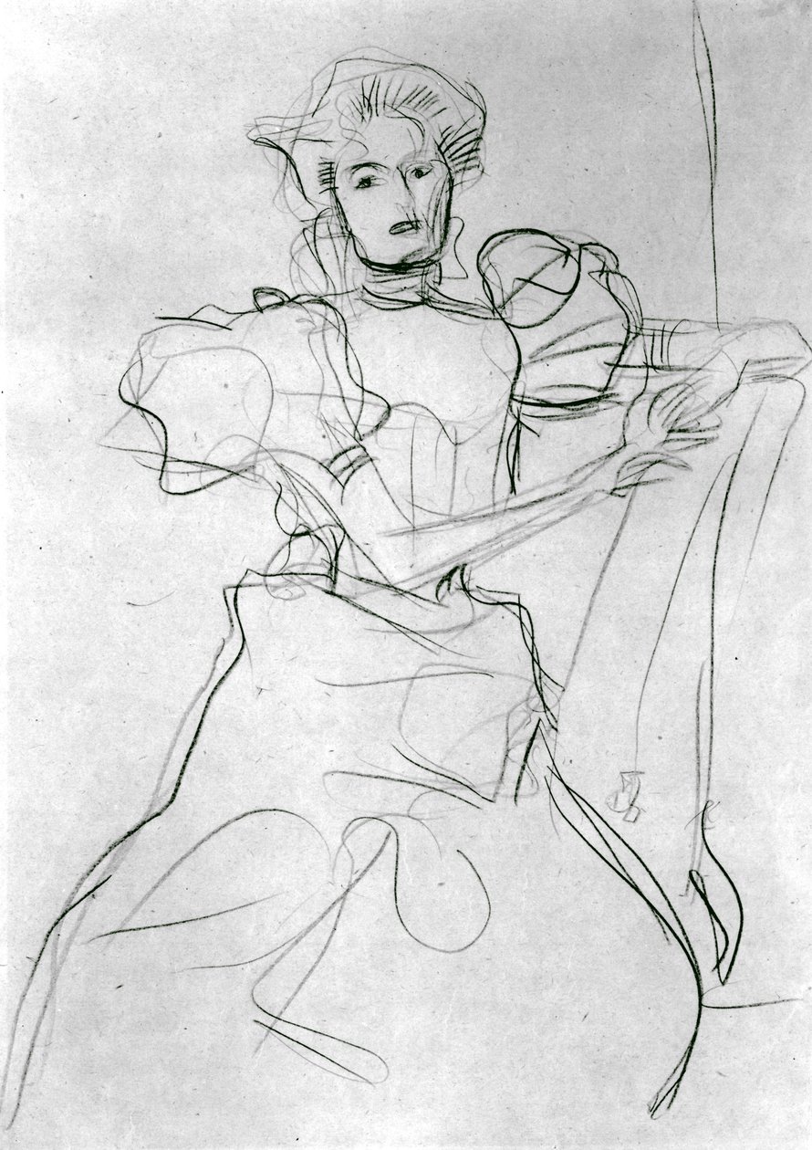 Siddende kvinde - Studie til et portræt af Sonja Knips, ca. 1898 (blå farveblyant på papir) af Gustav Klimt