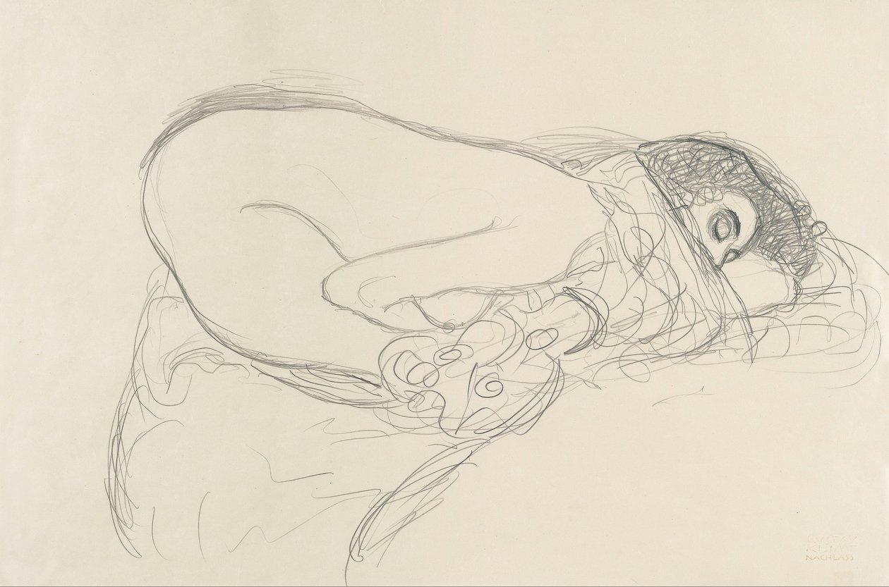 Semi-nøgen læner sig fremad (forberedende arbejde til maleriet Leda) af Gustav Klimt