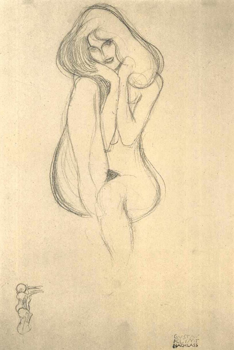 Sidder nøgen forfra af Gustav Klimt
