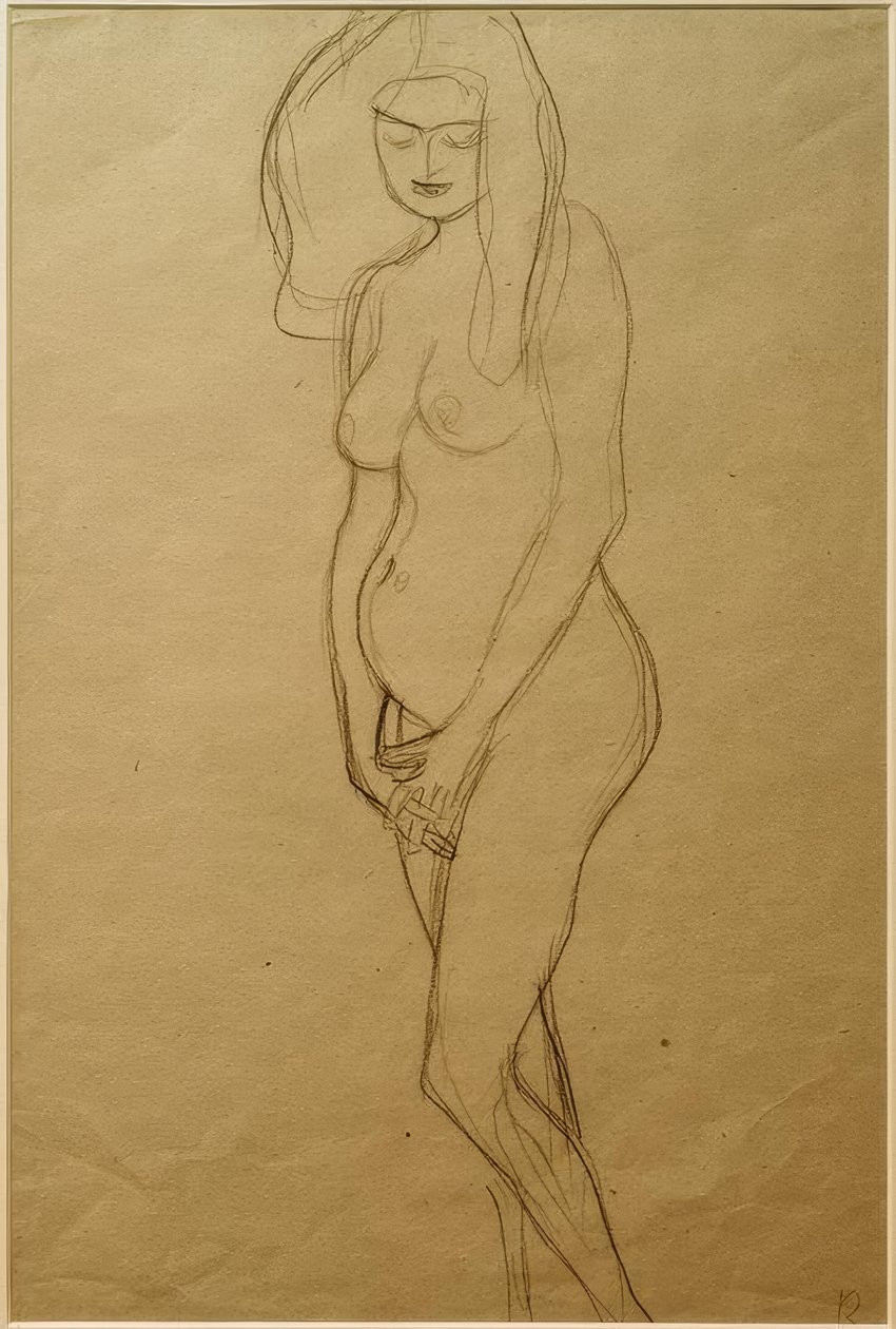 Stående nøgen gravid kvinde til venstre, hænder ... af Gustav Klimt