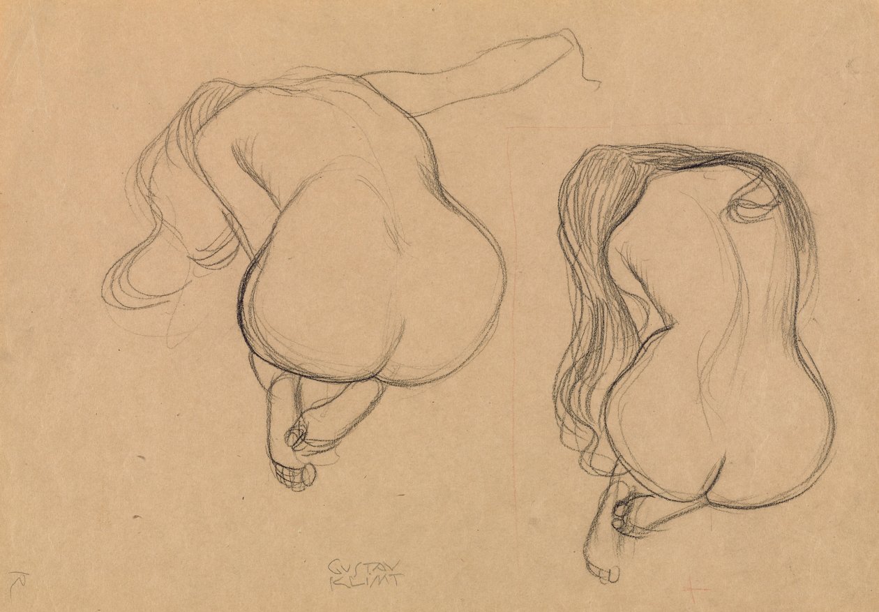 To studier af en siddende nøgen med langt hår af Gustav Klimt