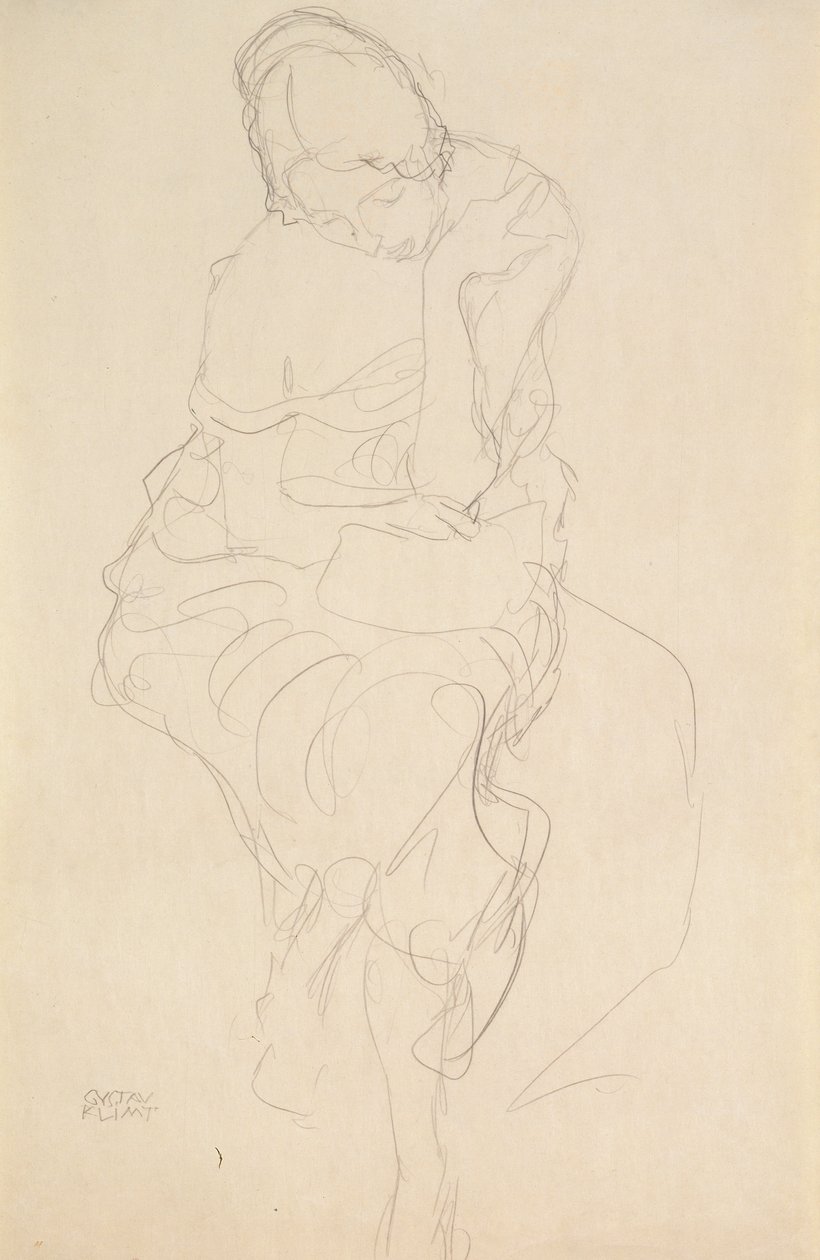 Set forfra af den person, der sidder på en skammel af Gustav Klimt