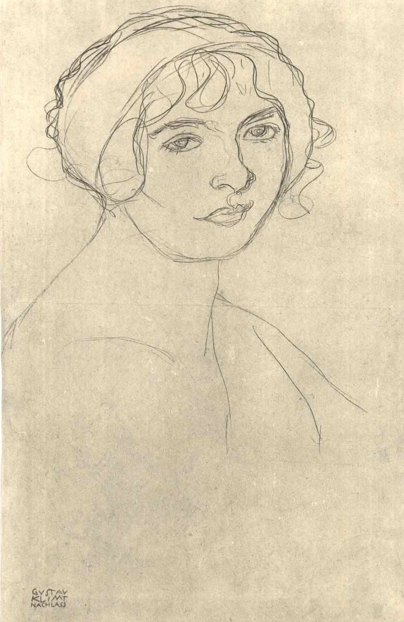 Halvlangt portræt af en nøgen pige mod højre. af Gustav Klimt