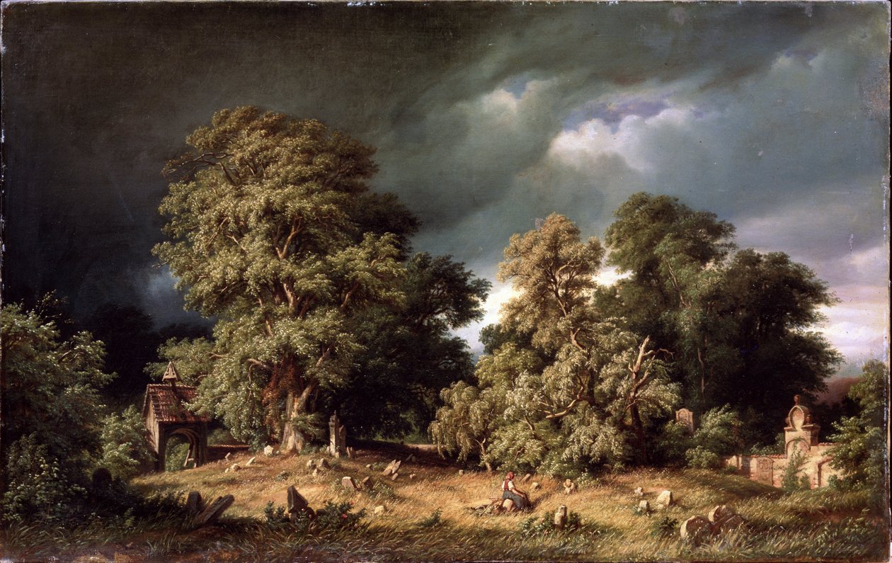 Den Gamle Kirkegård. En kvinde sidder alene på en afsondret kirkegård på landet, mens himlen fyldes med mørke skyer. Maleri af Gustav Paul Closs (1840-1870), olie på lærred, ca. 1865. Tysk kunst, 1800-tals landskab. Hr. af Gustav Adolf Closs