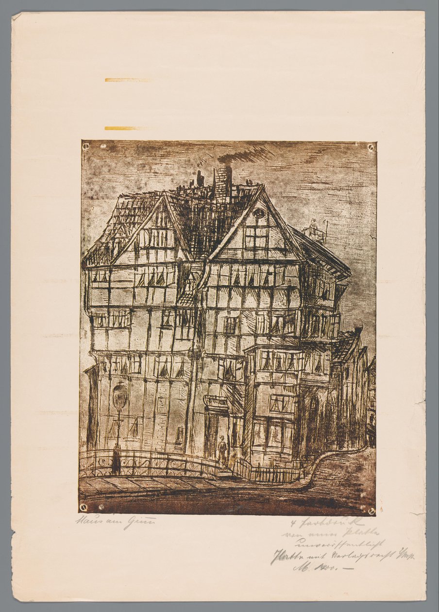 Gengivelse af et tryk eller en tegning med udsigt til et gammelt hus, muligvis i Greiz i Tyskland af Gustav Digel (signed by artist)