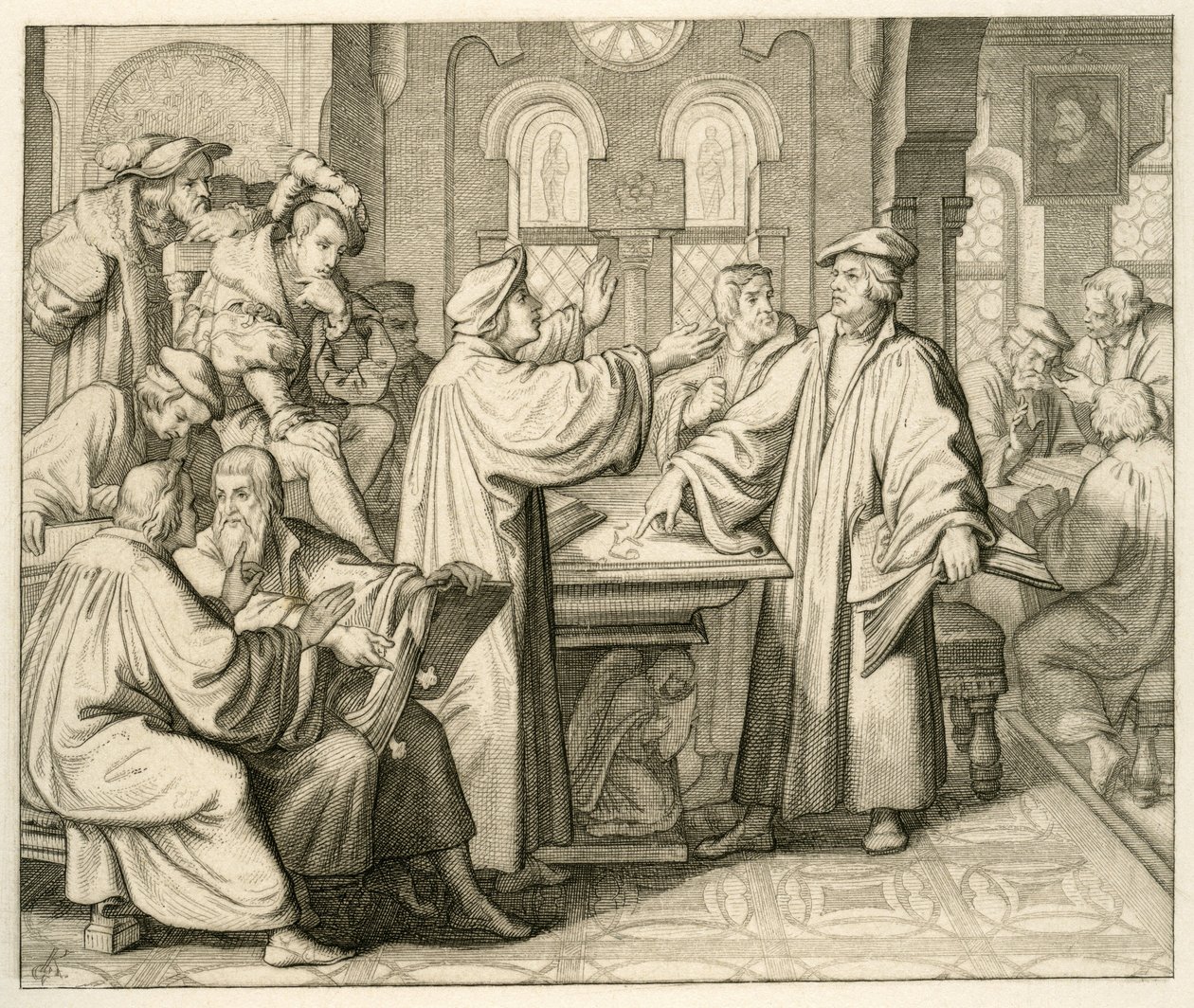Luther ja Ulrich Zwingli (1494-1531) keskustelevat sakramentista, mutta heillä ei ole sopimusta, Marburgissa 1529 af Gustav Ferdinand Leopold Konig
