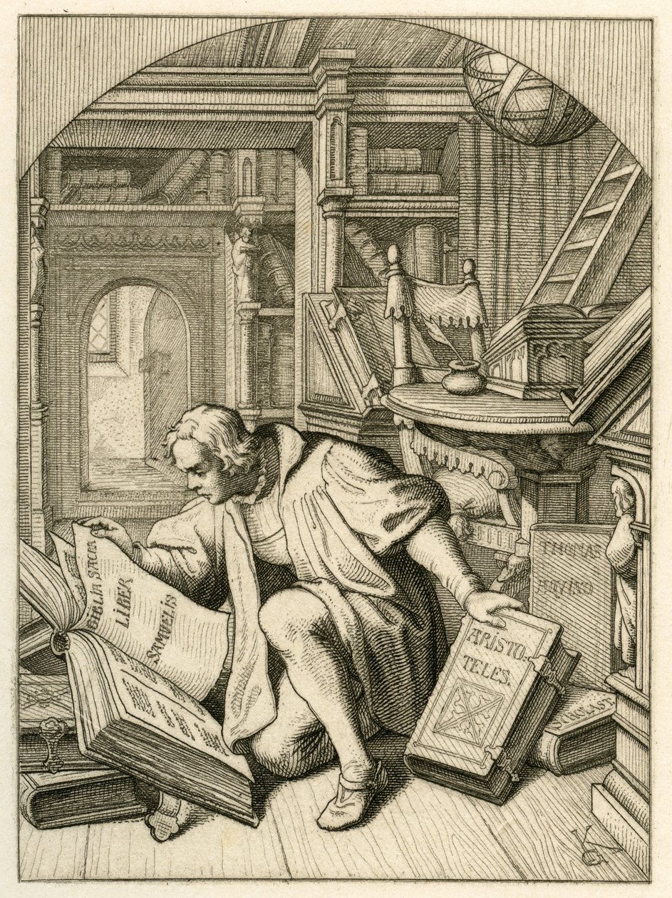 Luther læser på universitetsbiblioteket i Erfurt. Han fandt en latinsk bibel af Gustav Ferdinand Leopold Konig