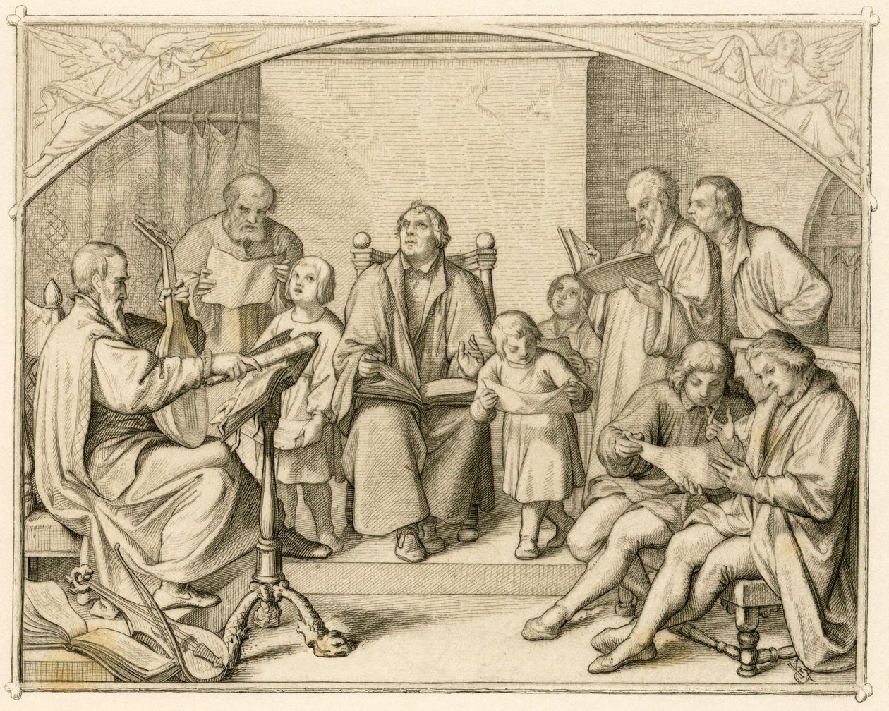 Luthers introduktion af tyske protestantiske religiøse salmer sammen med sine børn og venner under ledelse af Johannes Walther (1496-1570) af Gustav Ferdinand Leopold Konig