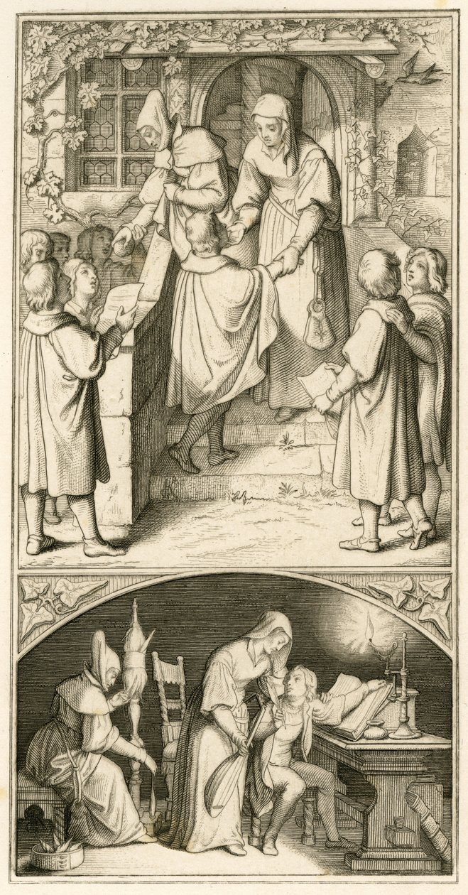 Martin Luther koulupoikana laulaa Ursula Cottan oven edessä Eisenachissa pienelle leivälle. Tässä talossa hän oppii piippua ja luuttua, joten alkuperäinen teksti af Gustav Ferdinand Leopold Konig