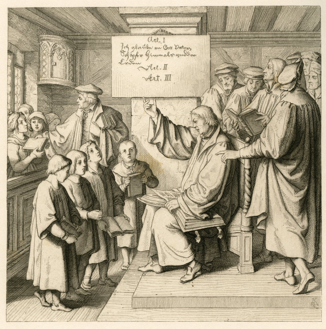Martin Luther i skole med mange børn, fordi religionstimerne er meget vigtige for ham, til højre nogle lærere af Gustav Ferdinand Leopold Konig