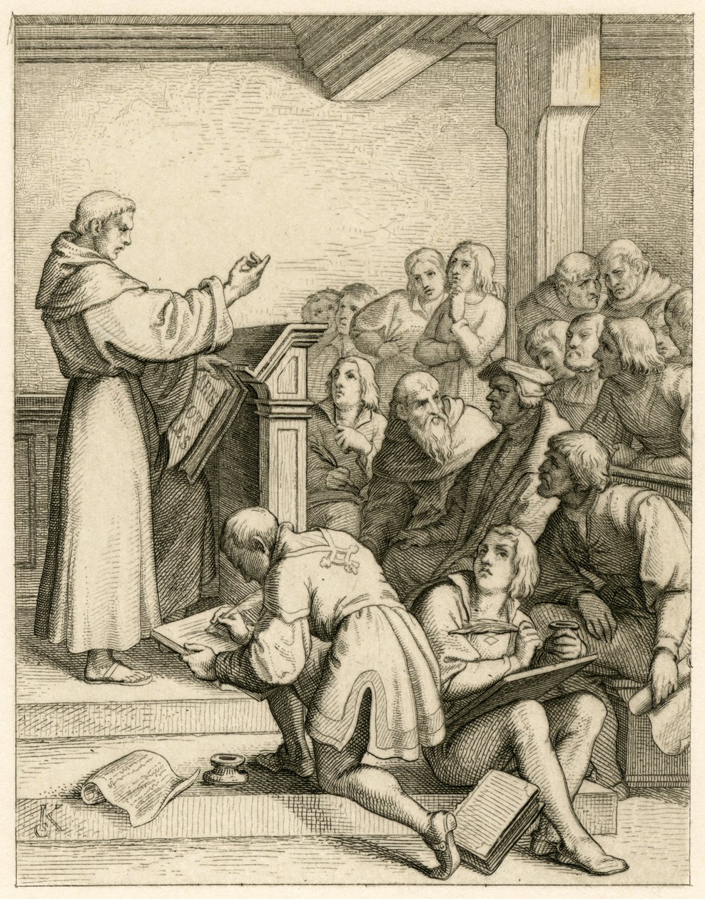 Martin Luther holder forelæsninger på universitetet Wittenberg, foran ham vicekansleren Dr. Pollich og hans faderlige ven Johann von Staupitz (1460-1524) af Gustav Ferdinand Leopold Konig