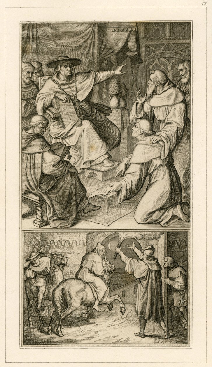 Martin Luther i diskussion med kardinal Cajetan, Luther må tilbagekalde sine skrifter, ved siden af ham hans ven Staupitz af Gustav Ferdinand Leopold Konig
