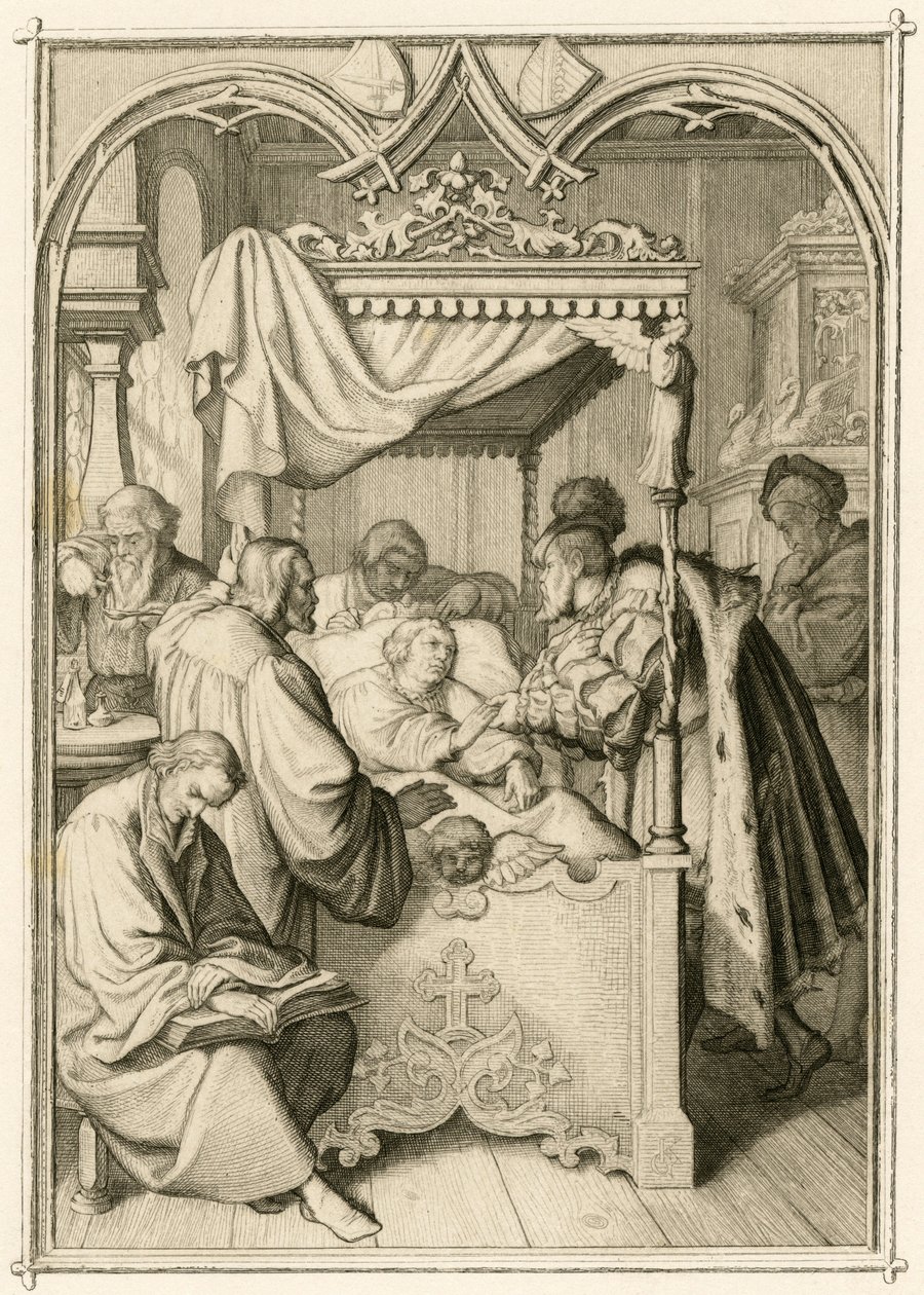 Martin Luther er meget syg, kurfyrsten Johann Friedrich (Johann Frederic Ier de Saxe af Gustav Ferdinand Leopold Konig