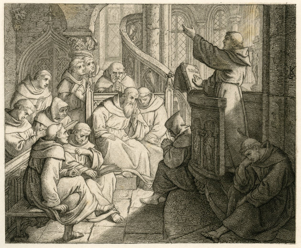 Martin Luther prædiker i klostret foran Staupitz, hans faderlige ven af Gustav Ferdinand Leopold Konig