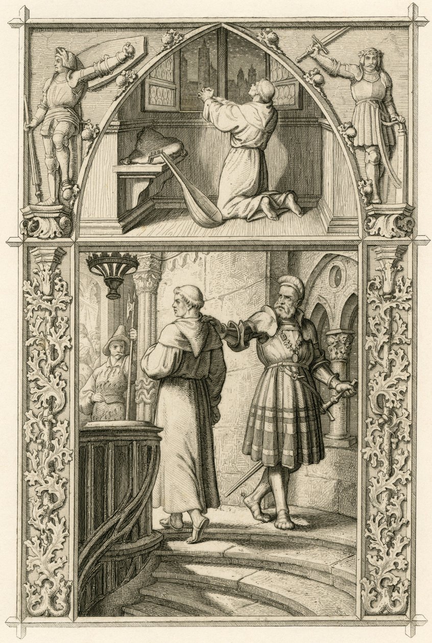 Martin Luther forbereder sig ved en bøn til mødet med kejseren (billedet ovenfor) ; hovedbillede : Luther møder ridderen George (Georg) von Frundsberg (Jorg von Fronsberg, Freundsbergin af Gustav Ferdinand Leopold Konig