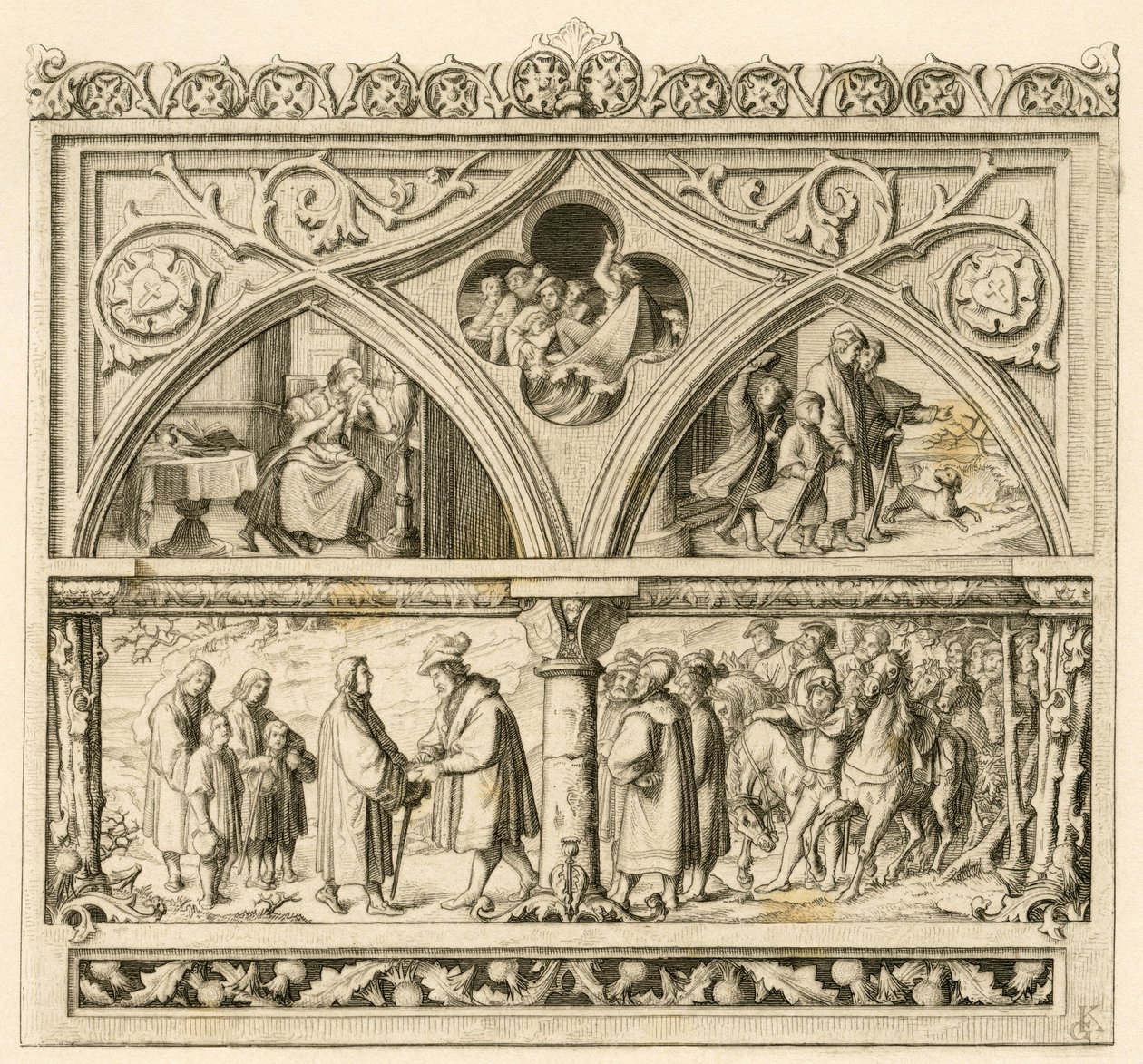 Martti Lutherin matka kreivi Mansfeldille (Mansfeld-Vorderortin Hoyer VI (1477-1540) ; kuva ylhäällä vasemmalla : surullinen Katharina , keskellä : raivoisa Saale-joki , oikealla : Luther yhdessä poikiensa kanssa Kuva alas : Luther ja kreivi af Gustav Ferdinand Leopold Konig