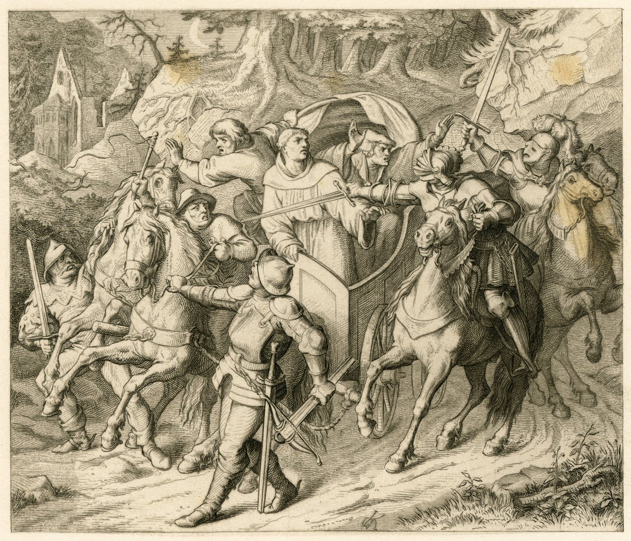 Bortførelsen af Martin Luther på hans hjemrejse - 1521 - af Hauptmann von Berlepsch og Burkhard Hund, fordi der var tyren til bandlysning af paven og kejserens fredløshed af Gustav Ferdinand Leopold Konig