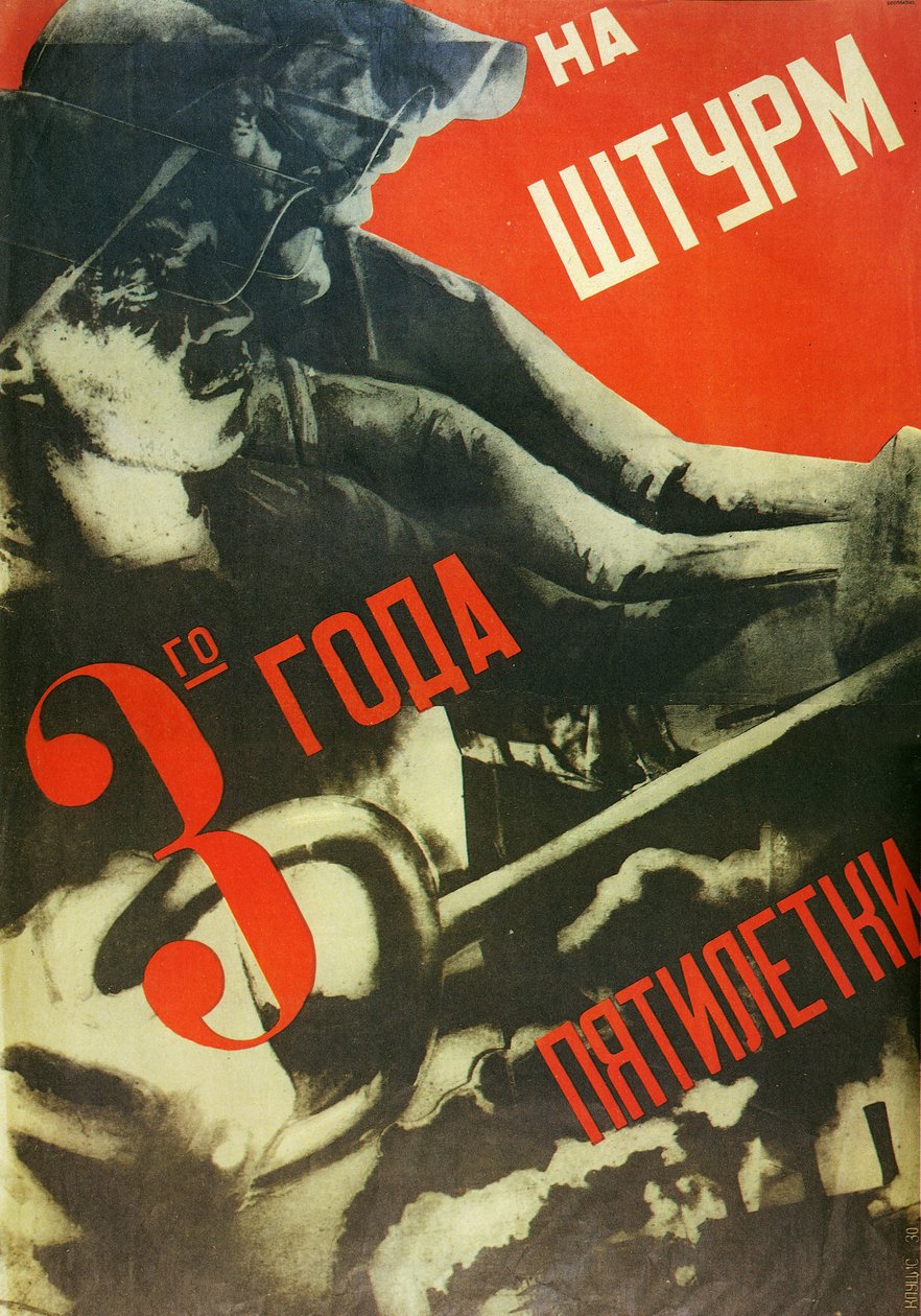 I stormen af det tredje år af femårsplanen, af Klutsis, Gustav (1895-1938). ca. 1930 (litografi) af Gustav Klutsis