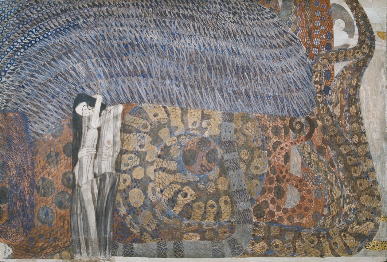 Beethoven Frise: De fjendtlige kræfter - panel 2, frontvæg af Gustav Klimt