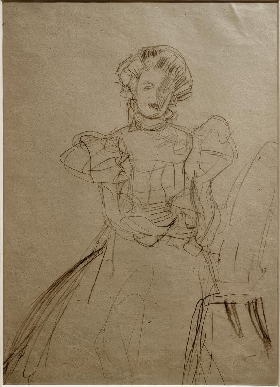 Portræt af Sonja Knips - Siddende i en stol forfra af Gustav Klimt
