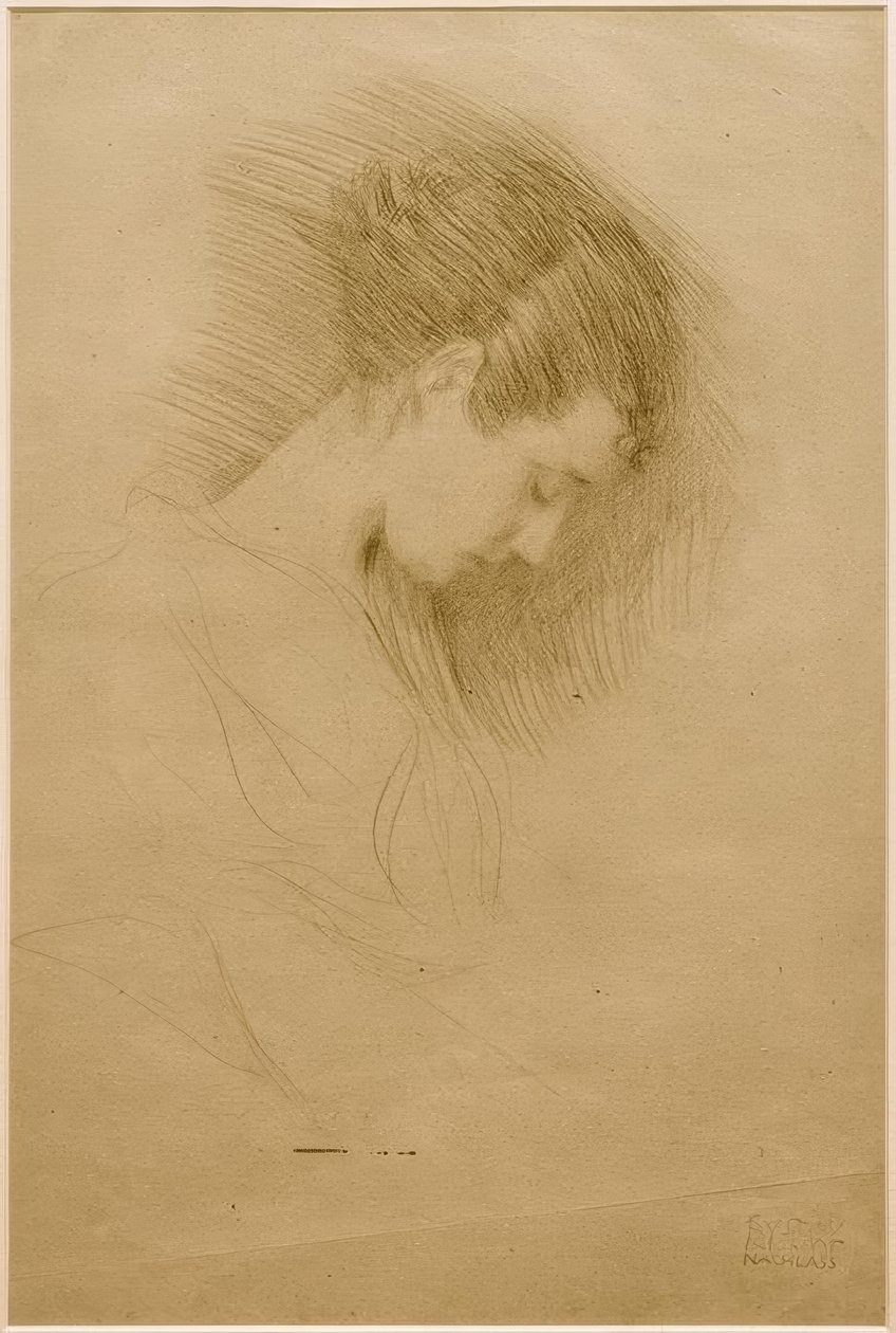 Halvfigursportræt af en pige med bøjet hoved til højre af Gustav Klimt