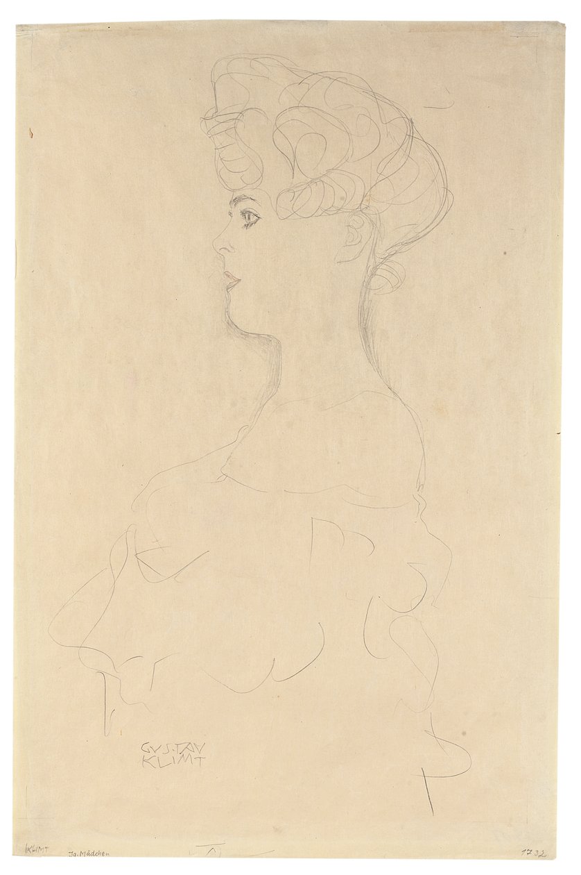 Busteprofilportræt fra venstre, ca. 1904-05 (blyant med hvidt og rødt farvekridt på simili-japansk papir) af Gustav Klimt