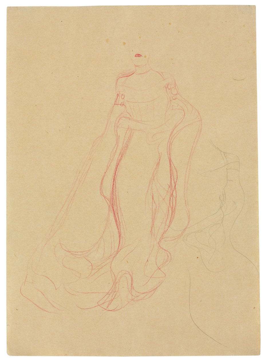 Kostumestudie med knyttede hænder, gentagelse af højre side, ca. 1903-04 (farvet vokskridt  blyant på blødt papir) af Gustav Klimt