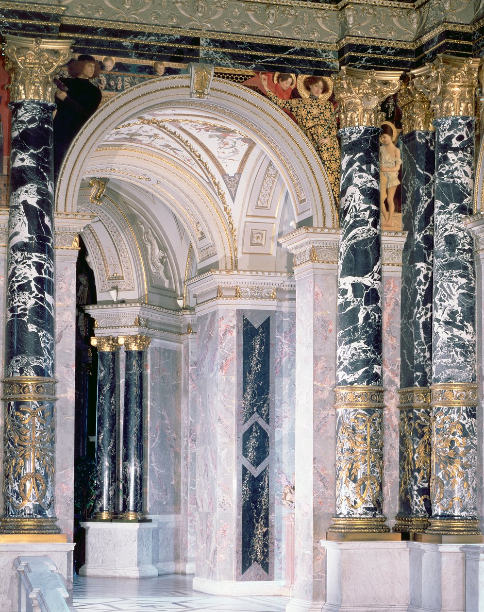 Interiør af Kunsthistorisches Museum i Wien, detalje, der viser buegang og udsmykningen af figurer, der forestiller den italienske renæssance, 189091 (vægmaleri) af Gustav Klimt
