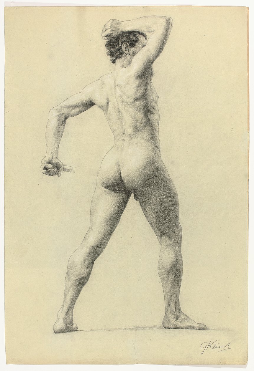 Mandlig nøgen fra ryggen, ca. 1880 (blyant forstærket med hvidt kridt på papir) af Gustav Klimt