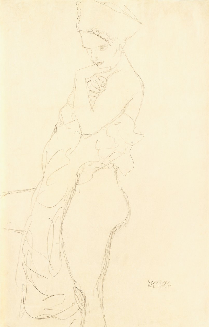 Nøgen Stående til venstre, med et håndklæde mod kroppen, 1917 af Gustav Klimt