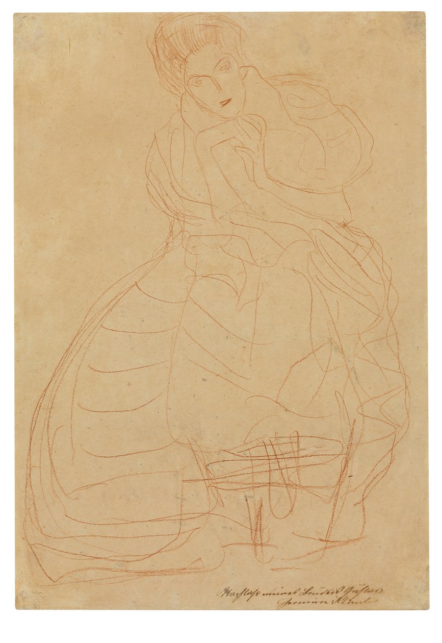 Portræt af Adele Bloch-Bauer. Kostumestudie med hænderne holdt i en hesteskoform af Gustav Klimt