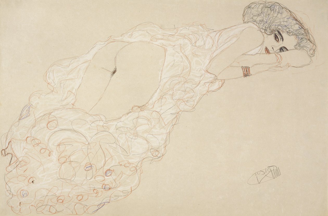 Liggende nøgen liggende på maven og vendt mod højre, 1910 af Gustav Klimt