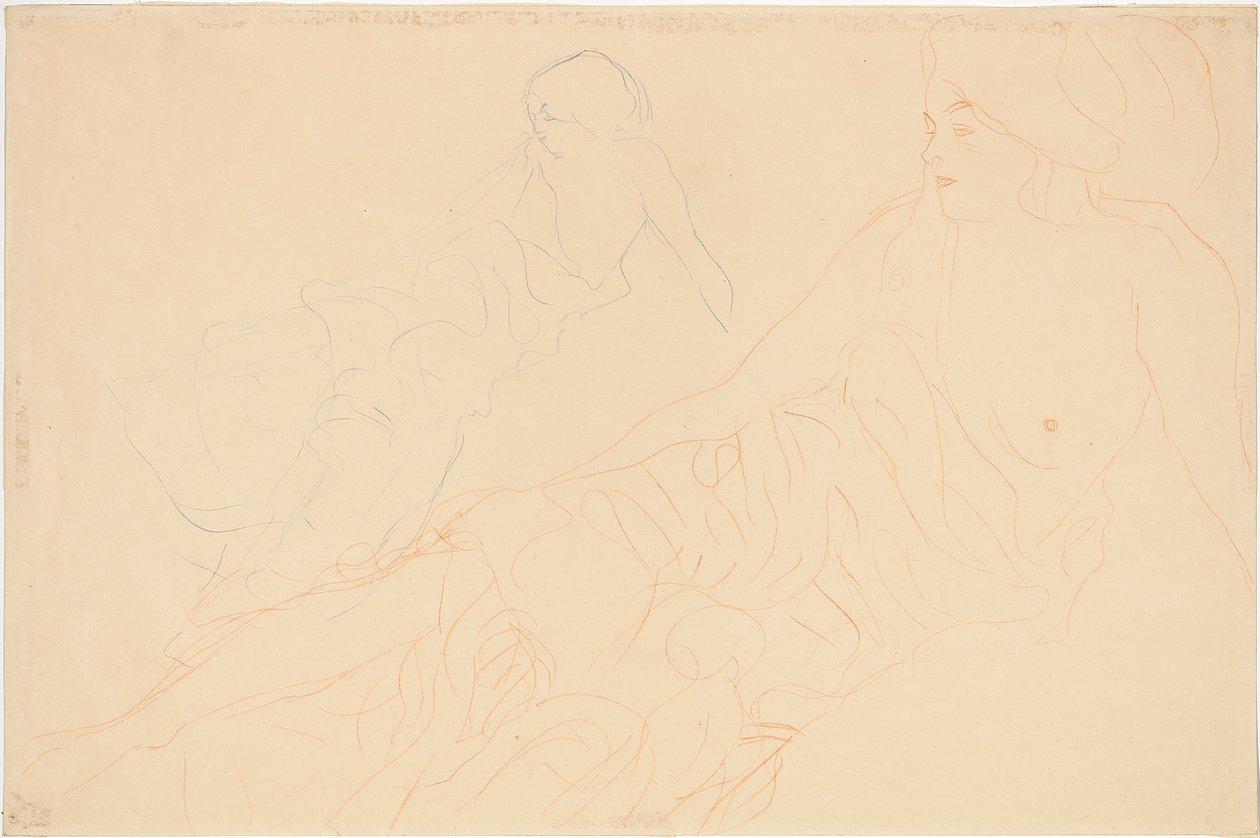 liggende nøgenbilleder; Støttet liggende figur, gentagelse til venstre, 1913 af Gustav Klimt