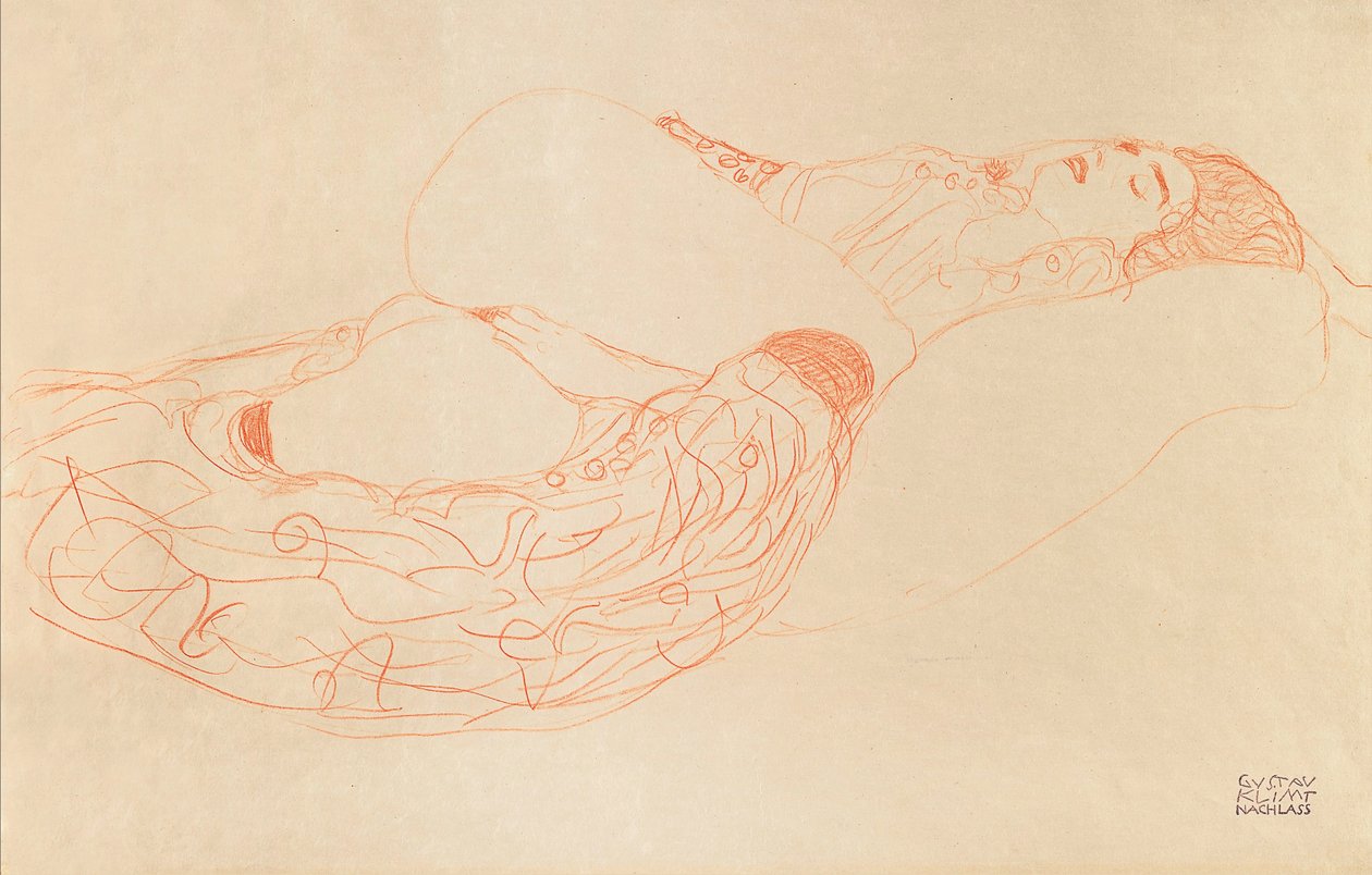 Liggende halvnøgen onanering, 1912-1913 af Gustav Klimt